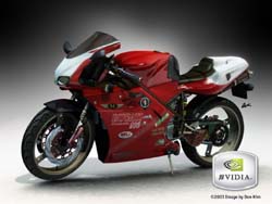 A red and white sport motorcycle parked against a dark gradient background.