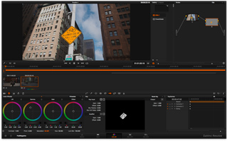 A video editing software interface displaying a cityscape and various color grading tools.