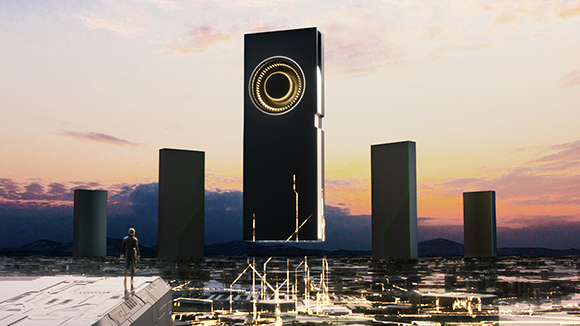 Tall black monoliths stand in a glowing digital landscape under a sunset sky.