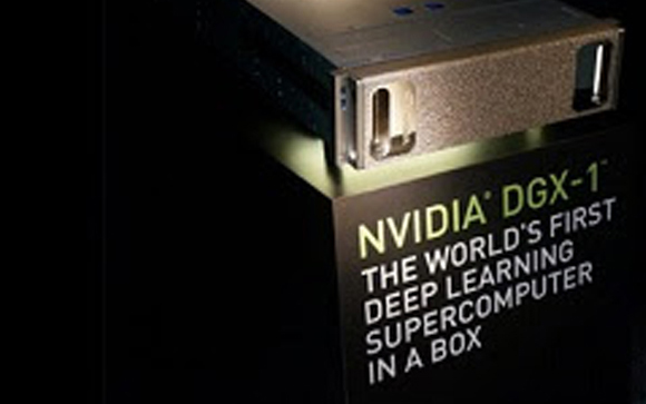 NVIDIA DGX-1 hardware component resting on a box labeled THE WORLD'S FIRST DEEP LEARNING SUPERCOMPUTER IN A BOX