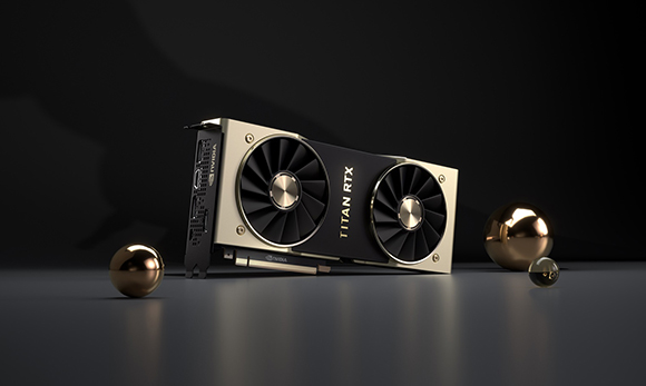 A TITAN RTX graphics card with dual fans sits on a dark surface next to three metallic gold spheres.