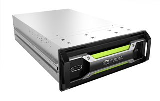 A silver rectangular server blade with a black front panel featuring the NVIDIA logo and a lime green accent.