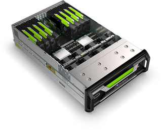 Server rack with multiple GPUs installed, showing internal components and cooling fans.