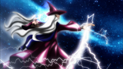 An elderly wizard in purple robes casting blue energy and white lightning against a dark starry sky.