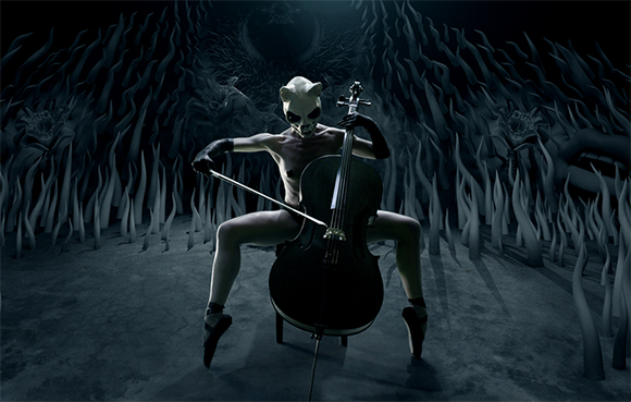 A person wearing a white cat-like mask plays a cello amidst dark, swirling, organic shapes.