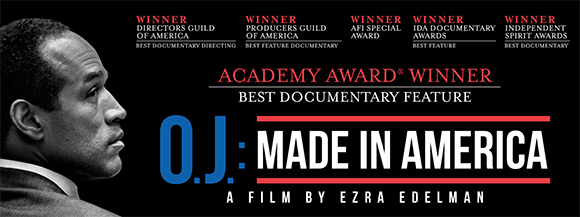 Black and white profile of a man next to the title O.J.: Made in America and various award winner text.