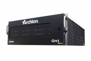 A black Archion Omni Hybrid server unit with silver handles on a white background.