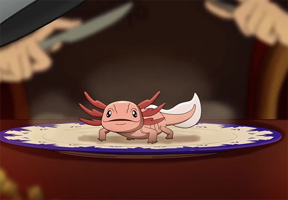 A small pink cartoon axolotl stands in the center of a blue and white patterned plate.