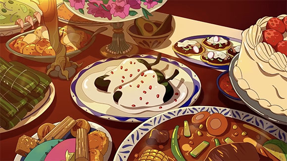 An illustration of a feast featuring multiple plates of food, including desserts, stews, and wrapped items.