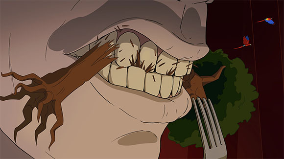 Animated close-up of a large mouth biting down on a brown tree trunk with roots.