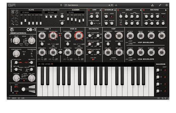 A black digital synthesizer interface with various knobs, sliders, and a piano keyboard.