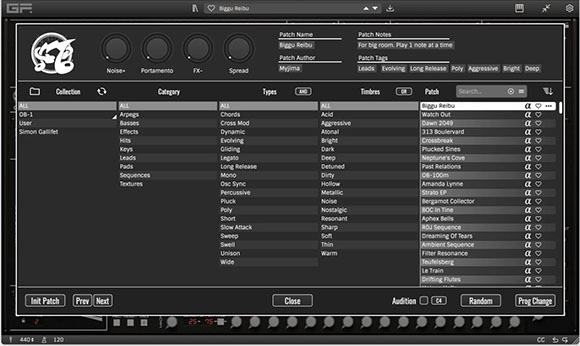 A dark-themed music software interface displaying patch names, categories, and sound settings.