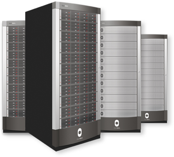 Four tall, dark grey and silver server racks arranged in a staggered row against a white background.