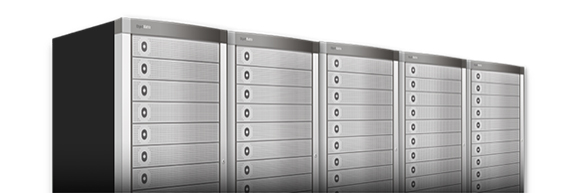 Five silver and black server racks arranged in a diagonal line against a white background.