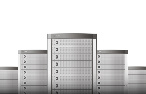 Three tall, silver server racks with multiple horizontal compartments and circular indicators.