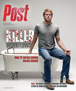Man in jeans and t-shirt sits on a bathtub with "KILLER WORKFLOWS" text and a bottle of liquid.