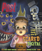 Magazine cover with a baby, skeleton, and monster. Text reads 'Post' and 'Scared Digital'.