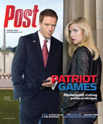 Man in a suit and woman in a leather jacket stand next to a column. Text reads "Post" and "Patriot Games."