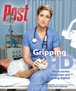A nurse in blue scrubs and a stethoscope holds the hand of a patient in a hospital bed. Text on the cover reads 'Post' and 'G
