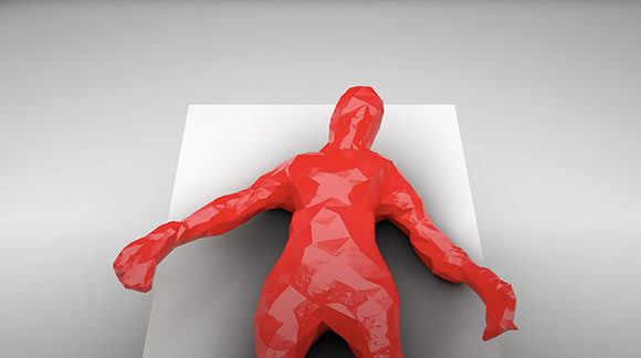 A red, faceted, low-poly humanoid figure standing on a white rectangular platform against a gray background.