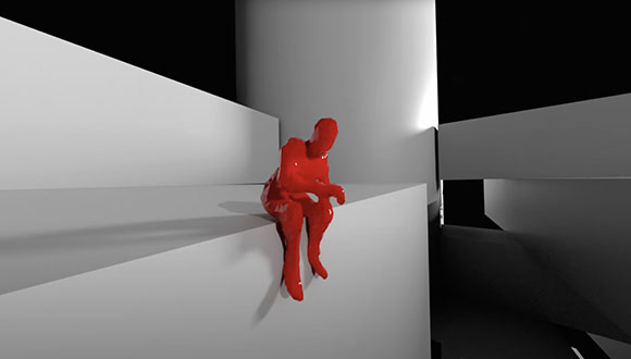 A glossy red humanoid figure sits on the edge of a white geometric ledge against a dark background.