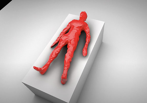 A red, low-poly stylized human figure lying flat on a white rectangular pedestal against a gray background.