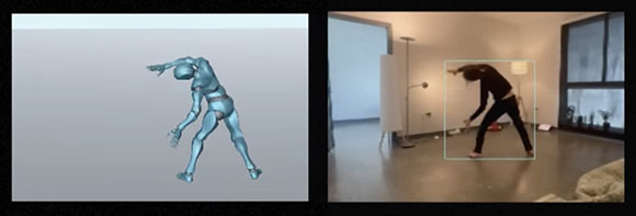 A 3D blue digital avatar on the left mirrors the pose of a person in a room on the right.
