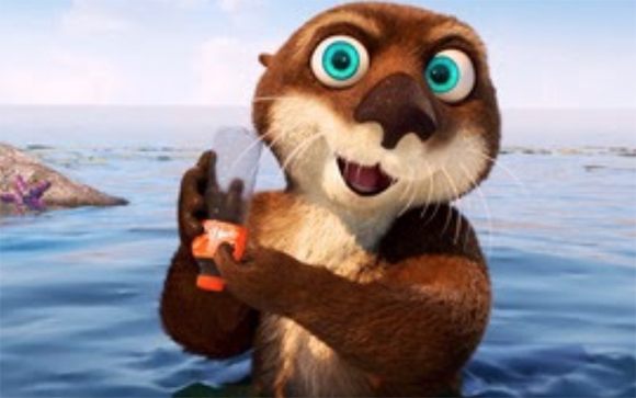 An animated brown otter holding a small orange bottle while in the water.