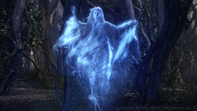 A translucent, glowing blue female spirit floating amidst dark, tangled trees in a forest.