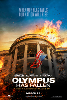 Movie poster showing an explosion hitting the White House with an American flag in the foreground.