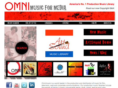 Omni Music for Media website homepage featuring music search, libraries, and ArtSound demo links.