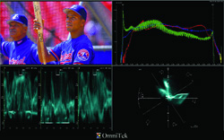 Two baseball players in blue uniforms next to colorful line graphs and 3D data visualizations.