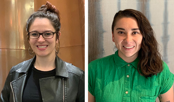 Two portraits of smiling women; one wears glasses and a black leather jacket, the other a green button-down shirt.