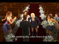 Animated characters stand in a church aisle with white flowers and red carpet.