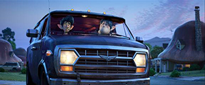 Two elf-like animated characters looking out of the windshield of a dark blue van at dusk.