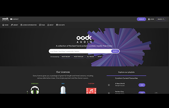 Oock Audio website homepage featuring a search bar and a purple geometric radial pattern.