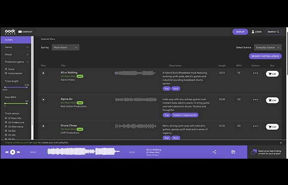 A dark-themed music library interface showing song titles, descriptions, and purchase buttons.