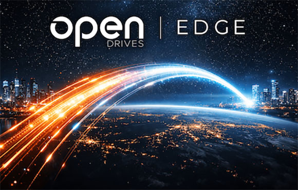 Logo for OpenDRIVES Edge over glowing light trails arching over a city at night.