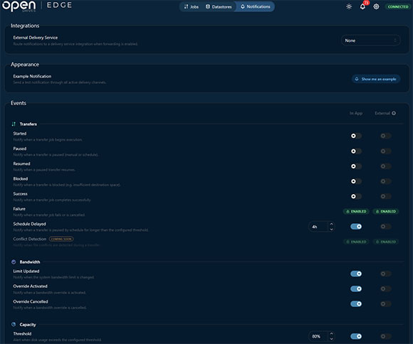 Dashboard interface for OpenEdge showing configuration settings for integrations, events, and bandwidth.