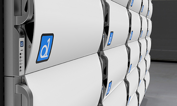 A perspective view of white automated parcel lockers with blue numbered labels arranged in rows.