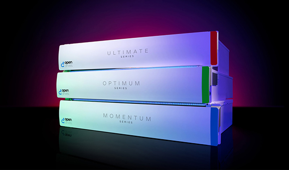 Three white rectangular server units stacked vertically with blue and green glowing accents.