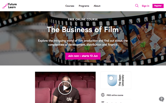 Banner for 'The Business of Film' course featuring film strip graphics and a 'Join now' button.