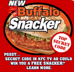 Promotional graphic for a KFC Buffalo Snacker sandwich with text about a secret code.