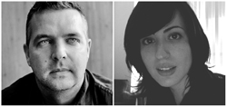 Two black and white headshots: a man looking forward and a woman looking toward the camera.