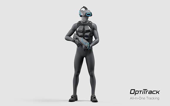3D model of a person in a black bodysuit wearing a VR headset and holding a motion capture controller.