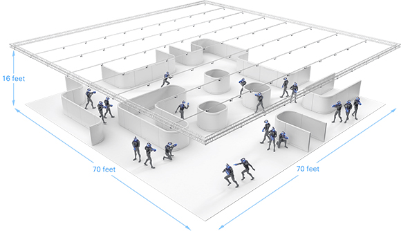 3D model of a white maze structure with small human figures and blue dimension markings.