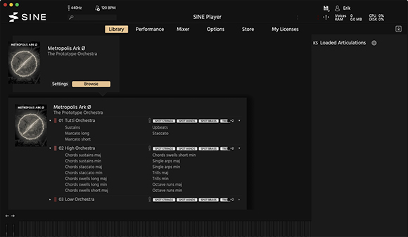 SINE Player software interface showing the Metropolis Ark Ø library and various orchestral settings.