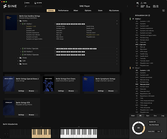 A dark software interface displaying a library of string instrument sample libraries and playback controls.