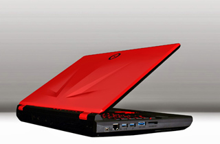 A red gaming laptop with a black base, shown at an angle with the lid open.