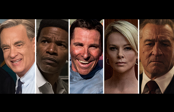Five close-up portraits of different actors arranged in vertical panels.